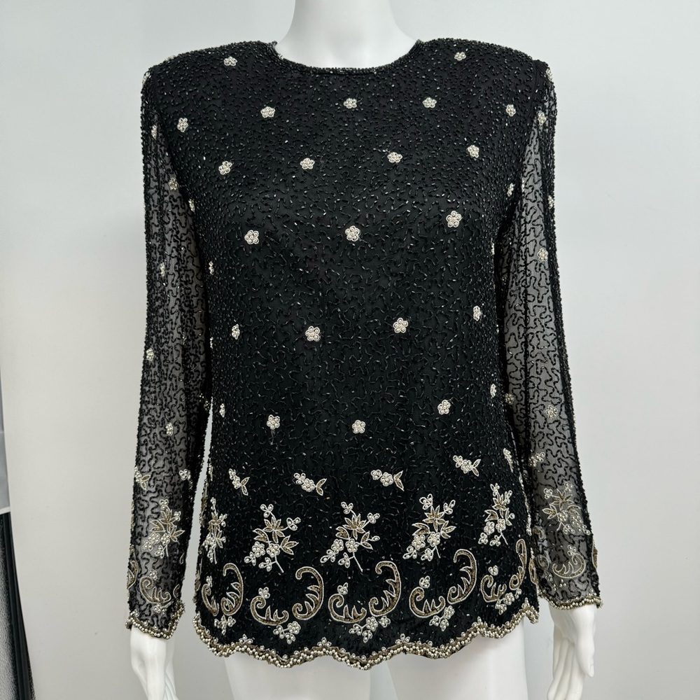 Laurence Kazar Paris New York Blouse Size S  Black Silk Beaded Sequin Floral